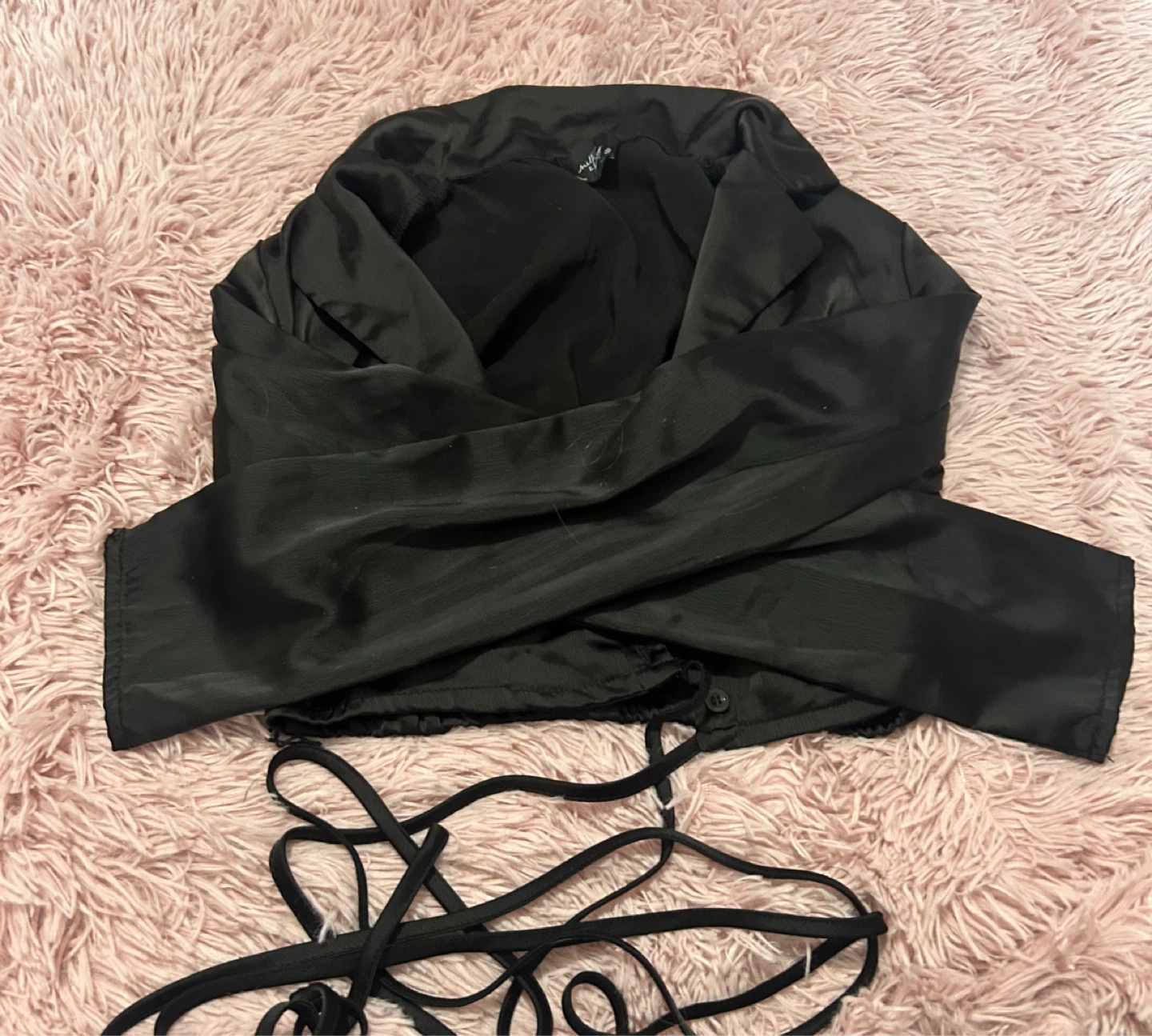 Black Satin Crop Blazer Top with Tie Straps - photo 2