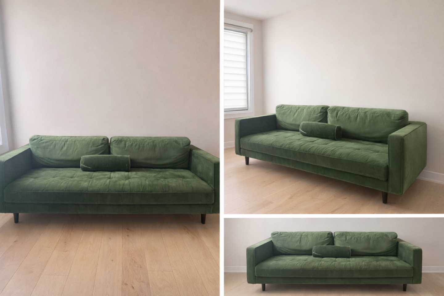 Green Velvet Tufted Sofa with 2 Bolster Pillow - photo 2