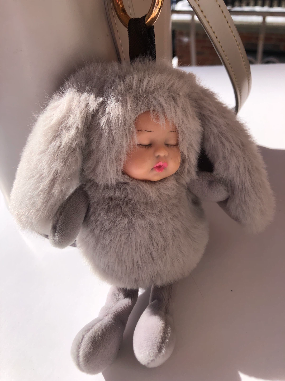 Grey bucket bag with pearl details and fuzzy charm - photo 5