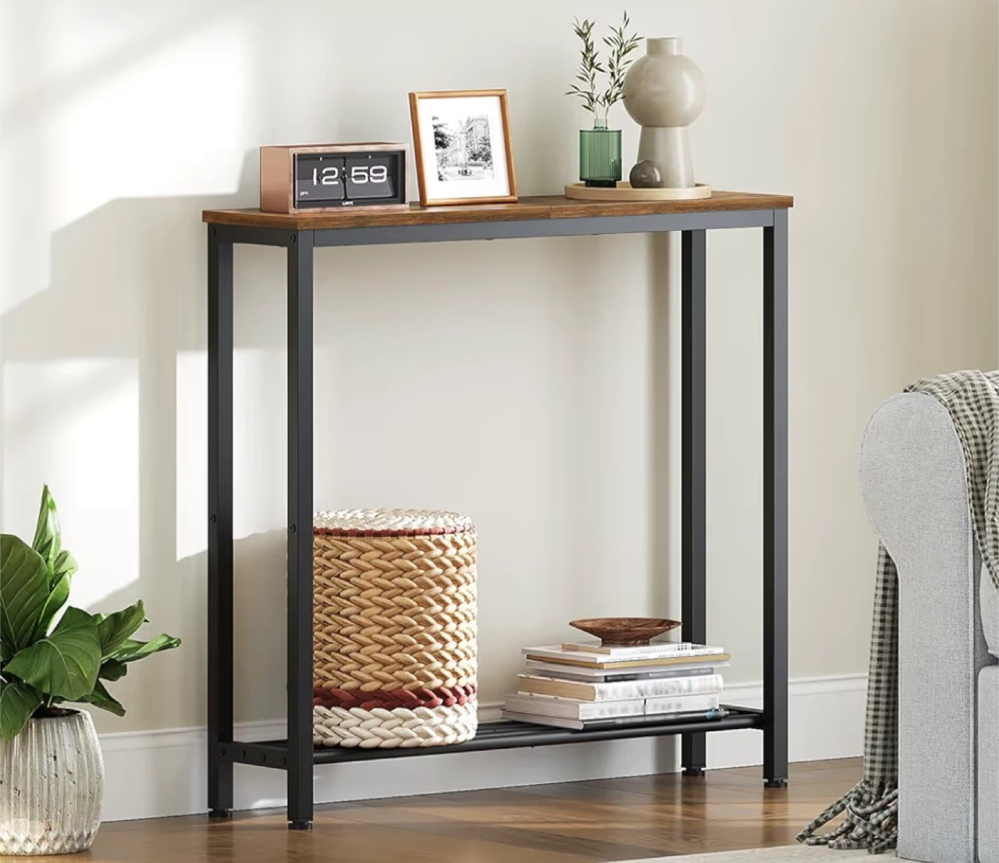 Slim Console Table with Wood Top and Metal Frame