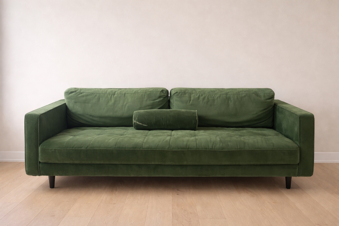 Green Velvet Tufted Sofa with 2 Bolster Pillow