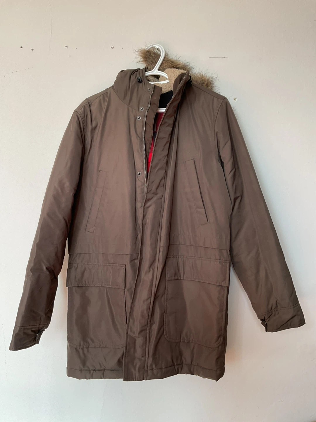 Old Navy Brown Parka with Buffalo Plaid Lining - Size S