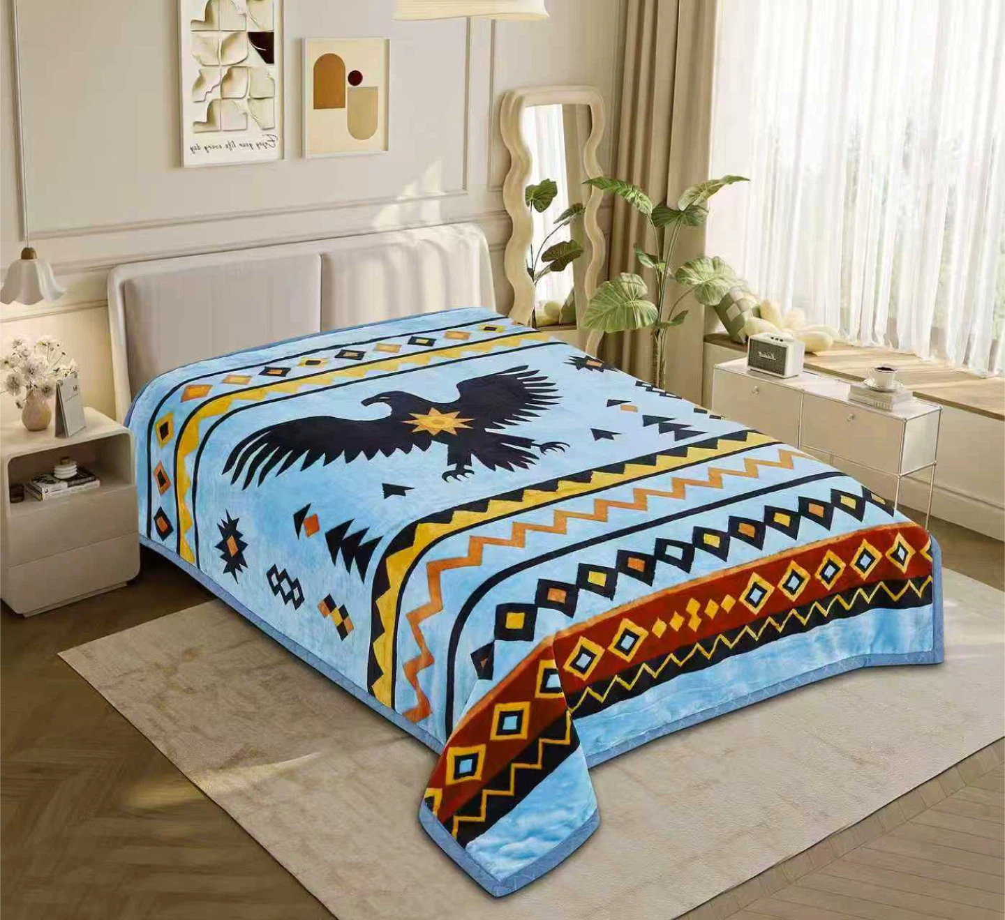 Indigenous-Inspired  Blanket with Animal Designs queen 2 ply