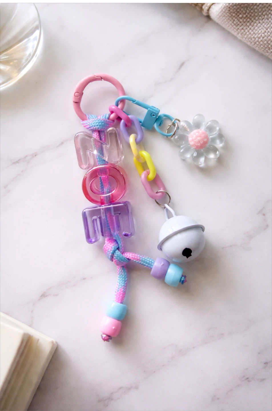 Personalized Keychain with Flower and Bell Charms