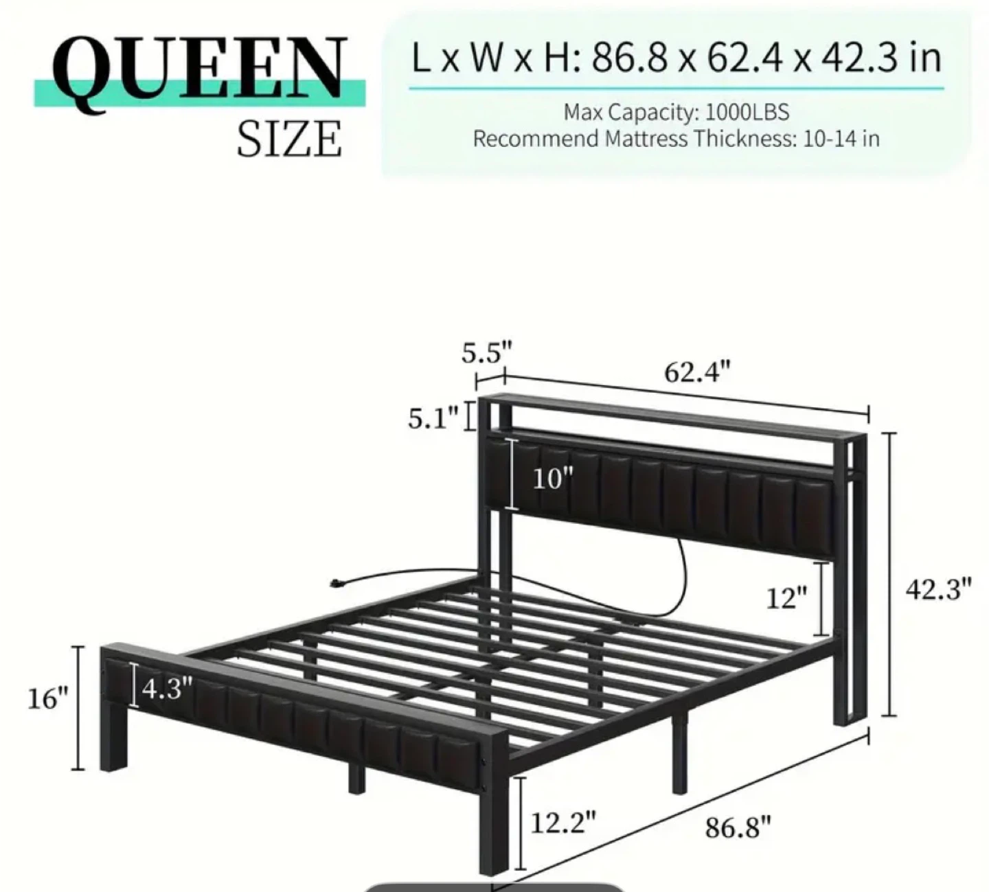 Queen Size Bed Frame with Headboard and LED Lights - photo 4