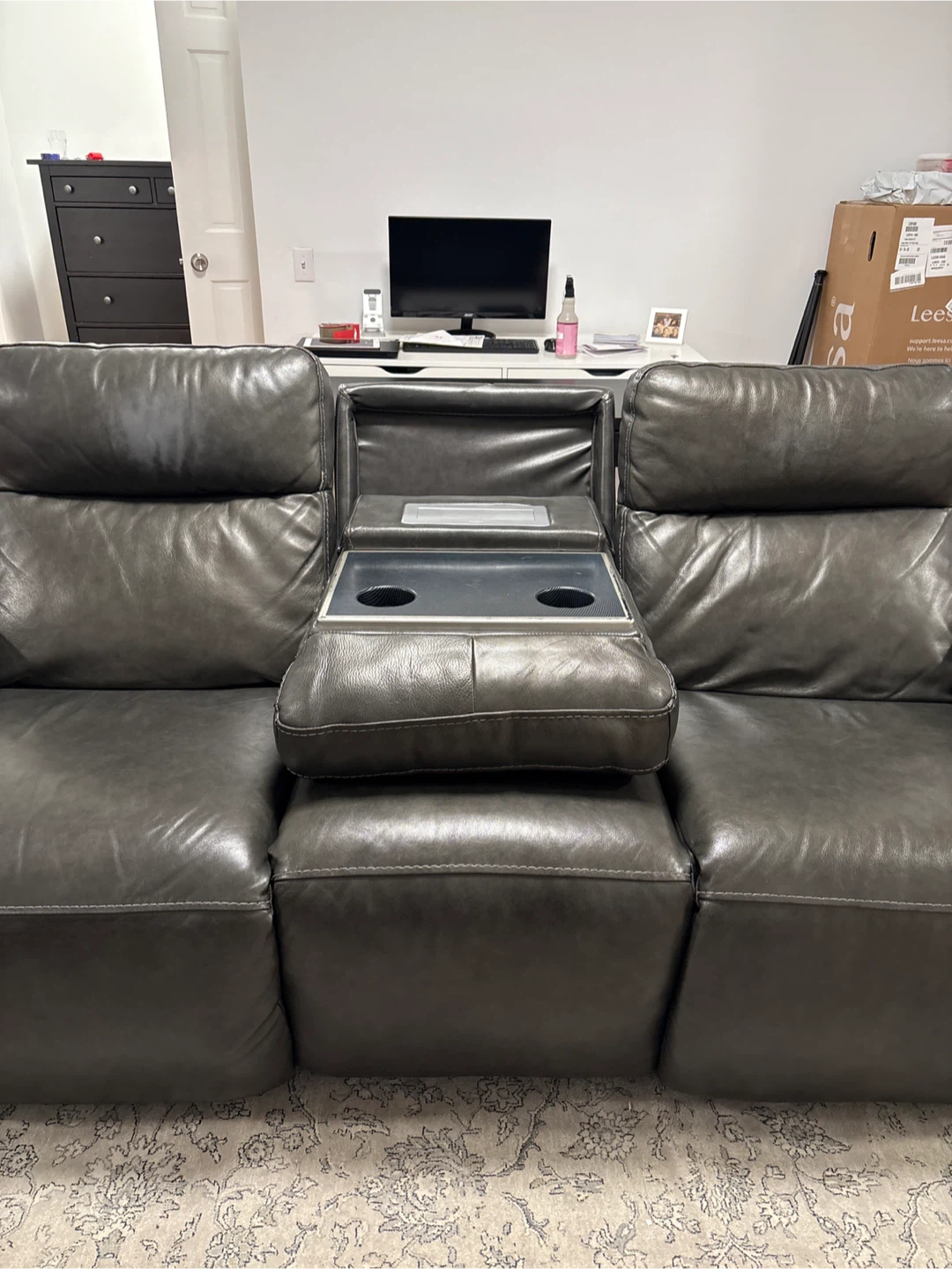 Gray Leather Sofa with Center Console - photo 4