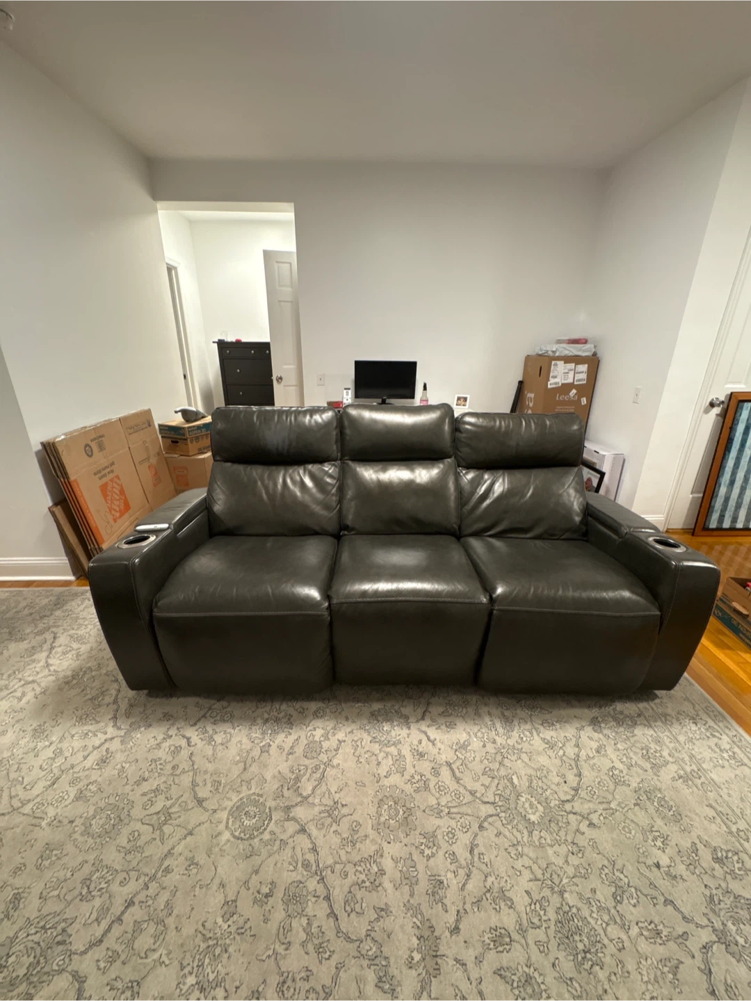 Gray Leather Sofa with Center Console