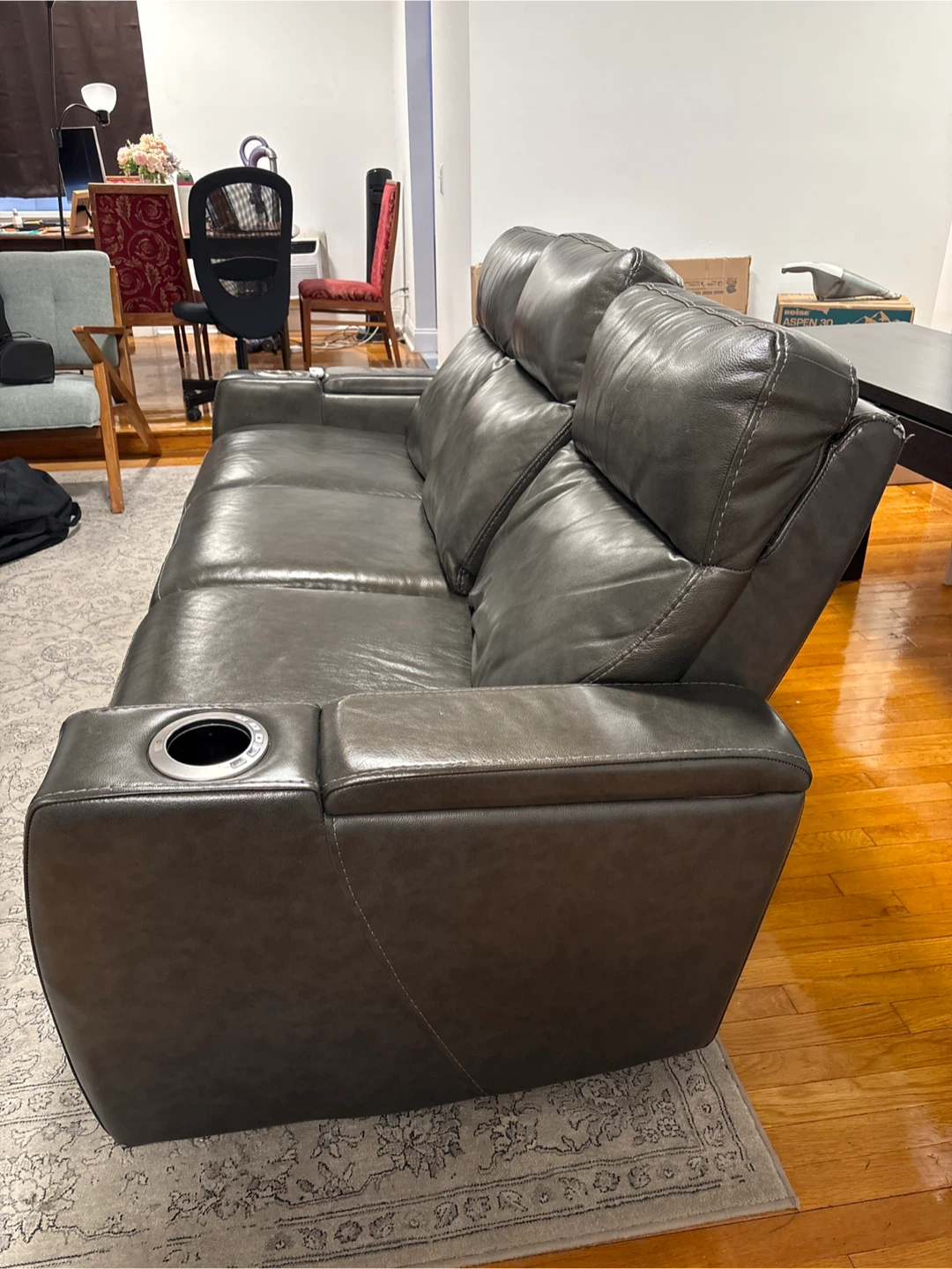 Gray Leather Sofa with Center Console - photo 2