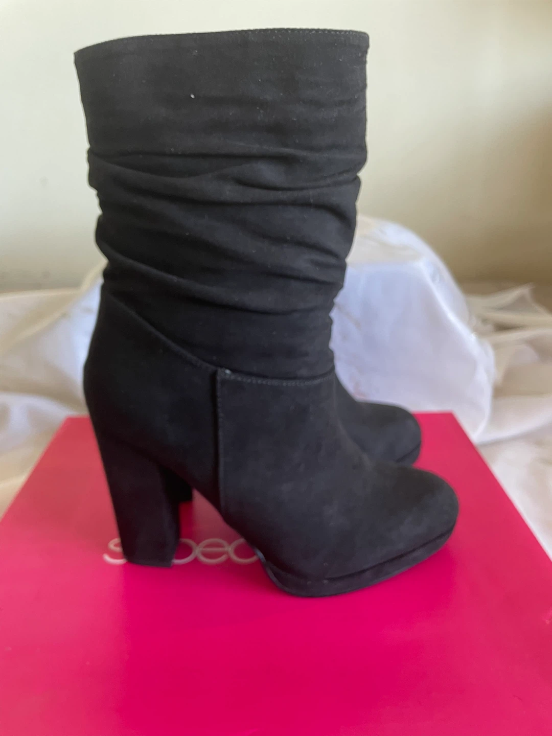 Black Suede Ruched Block Heel Boots - photo 2