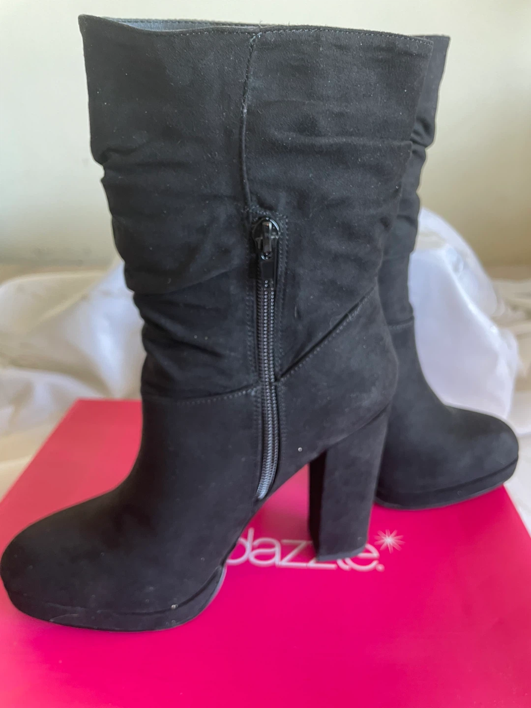 Black Suede Ruched Block Heel Boots - photo 3