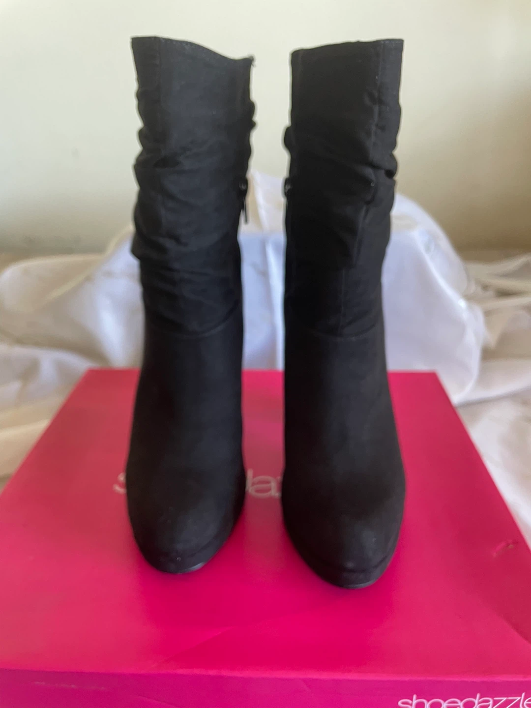 Black Suede Ruched Block Heel Boots
