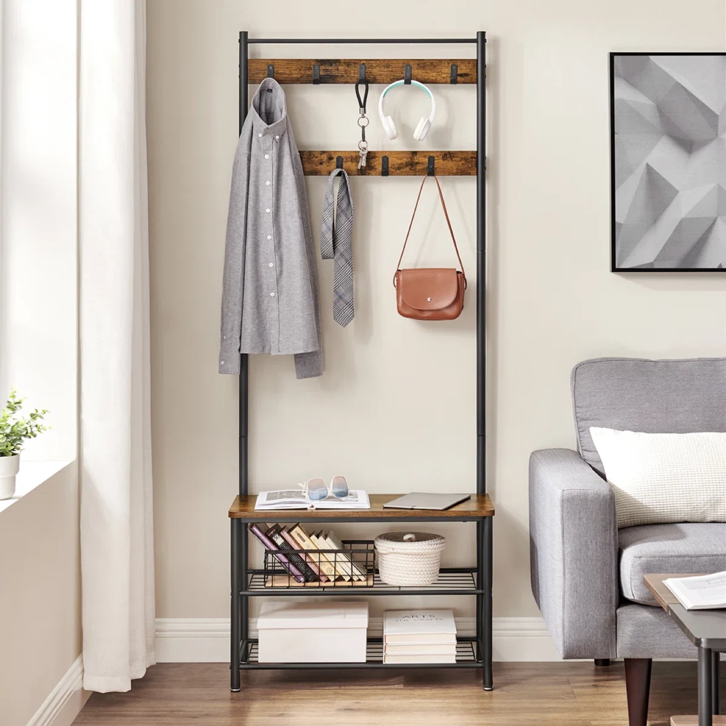 Industrial Hall Tree with Coat Hooks and Shoe Storage Bench
