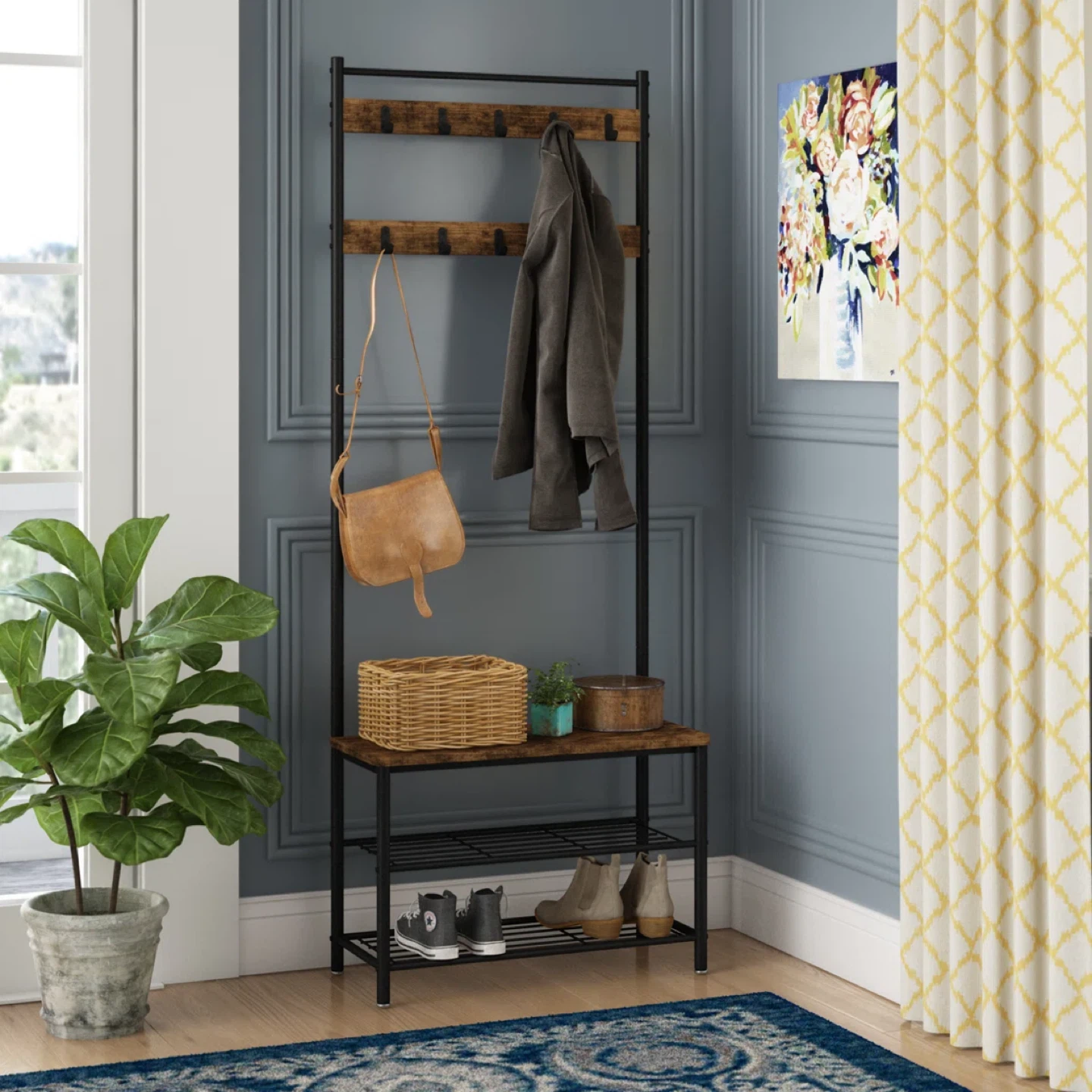 Industrial Hall Tree with Coat Hooks and Shoe Storage Bench - photo 2