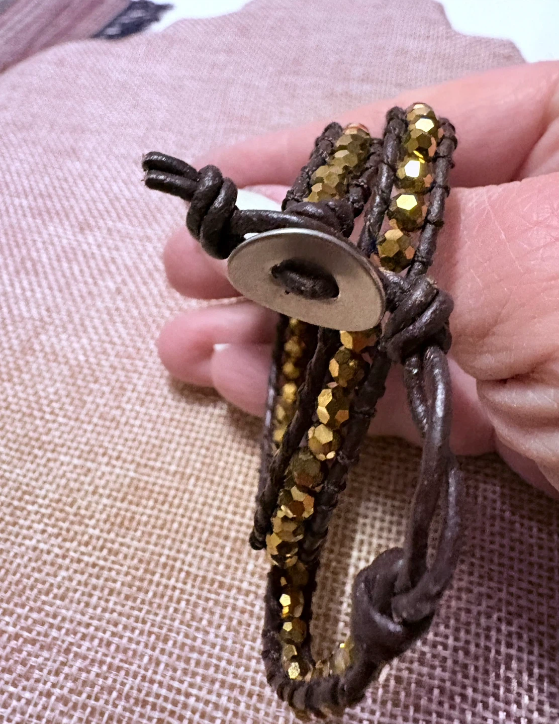 Brown Leather Wrap Bracelet with Gold Beads - photo 2