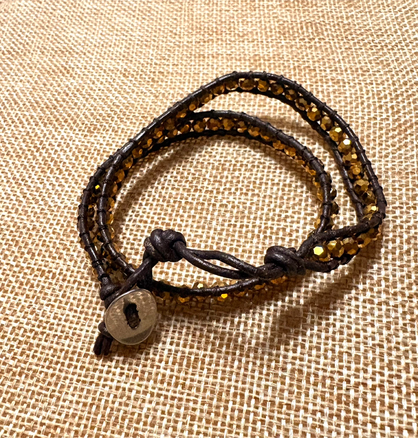 Brown Leather Wrap Bracelet with Gold Beads