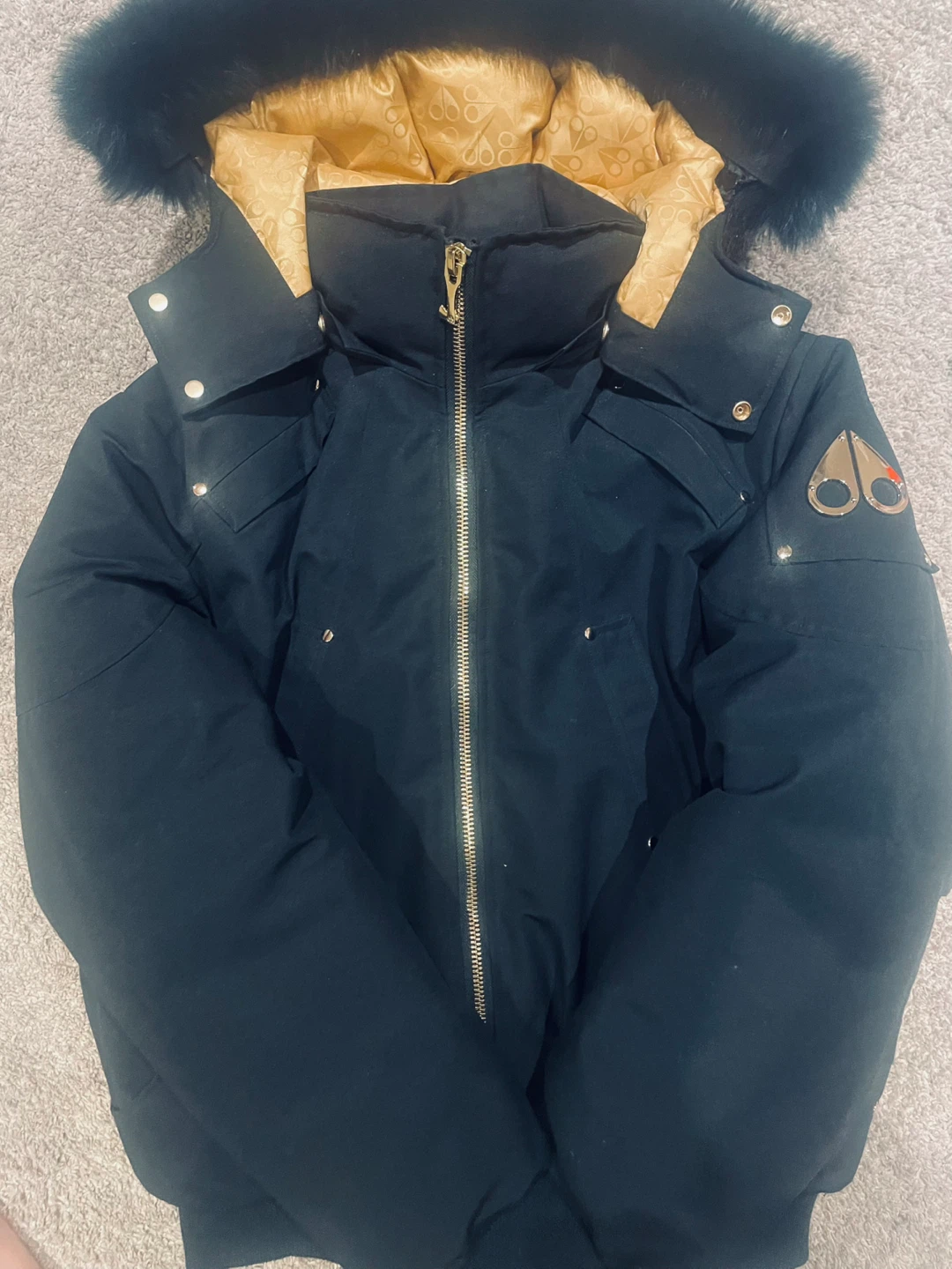 Moose Knuckles Black Bomber Jacket with Fur Hood