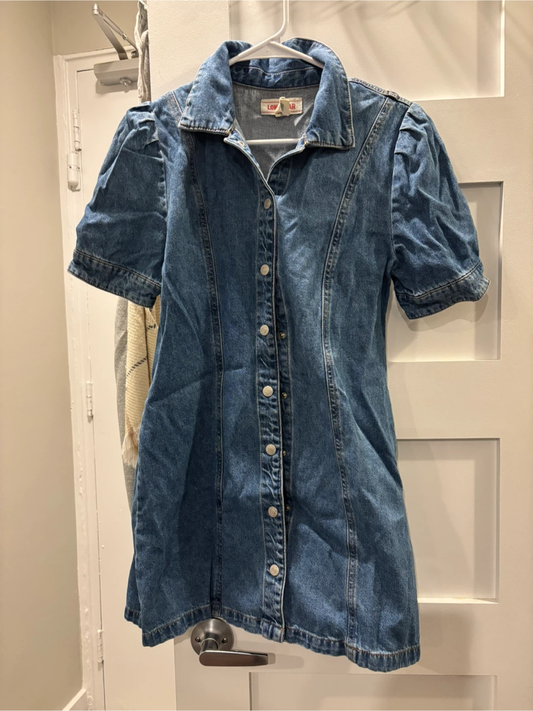 LOW VINTAGE Denim Dress with Puff Sleeves