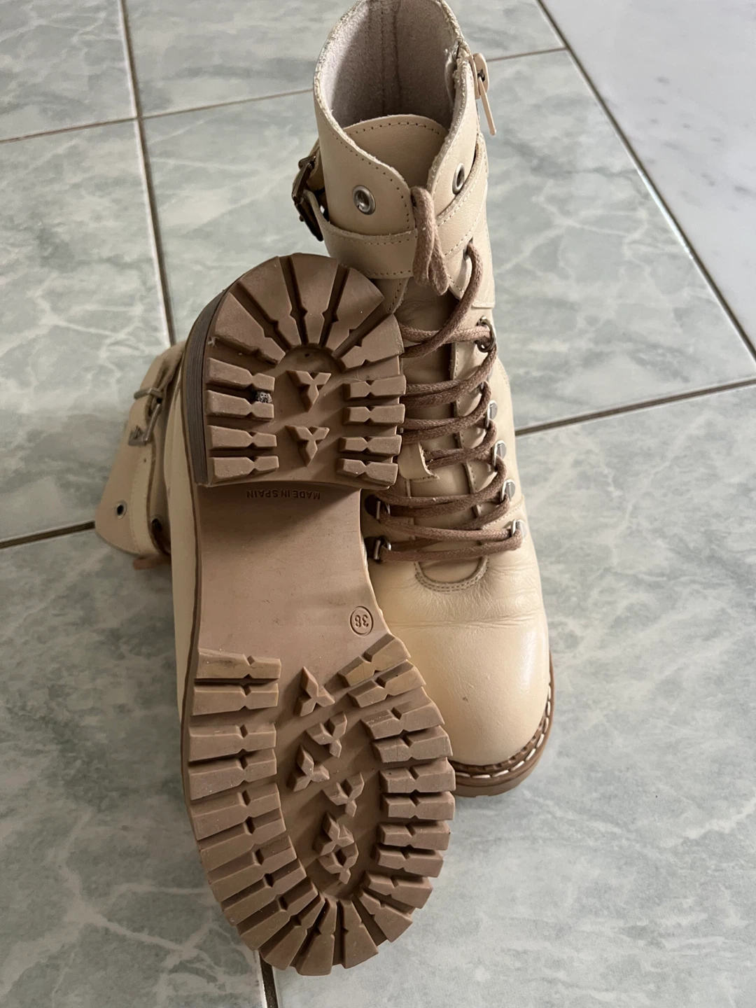 Beige Leather Combat Boots - Size 36 - photo 3