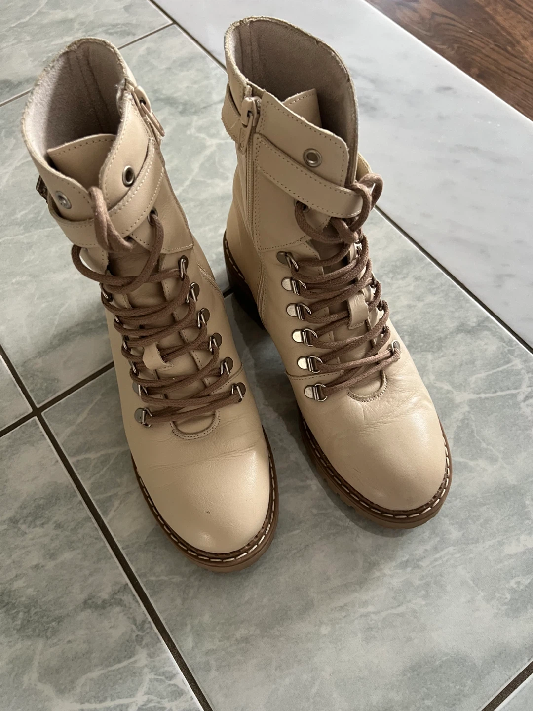 Beige Leather Combat Boots - Size 36