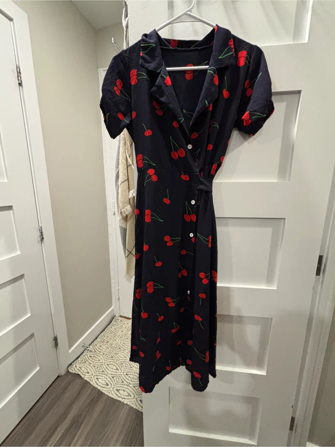 Navy Cherry Print Button-Up Midi Dress