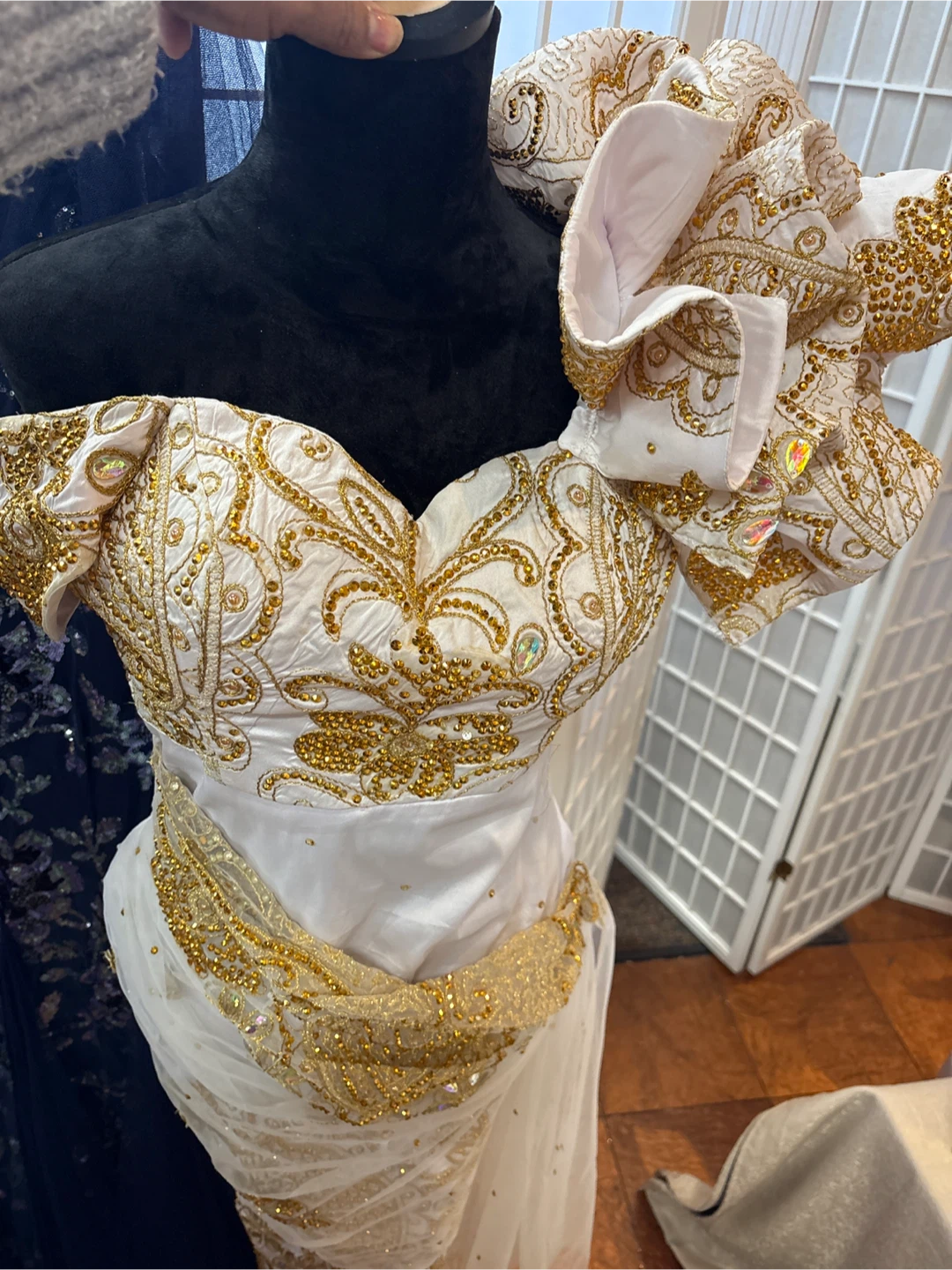 White and Gold Embellished Formal Dress