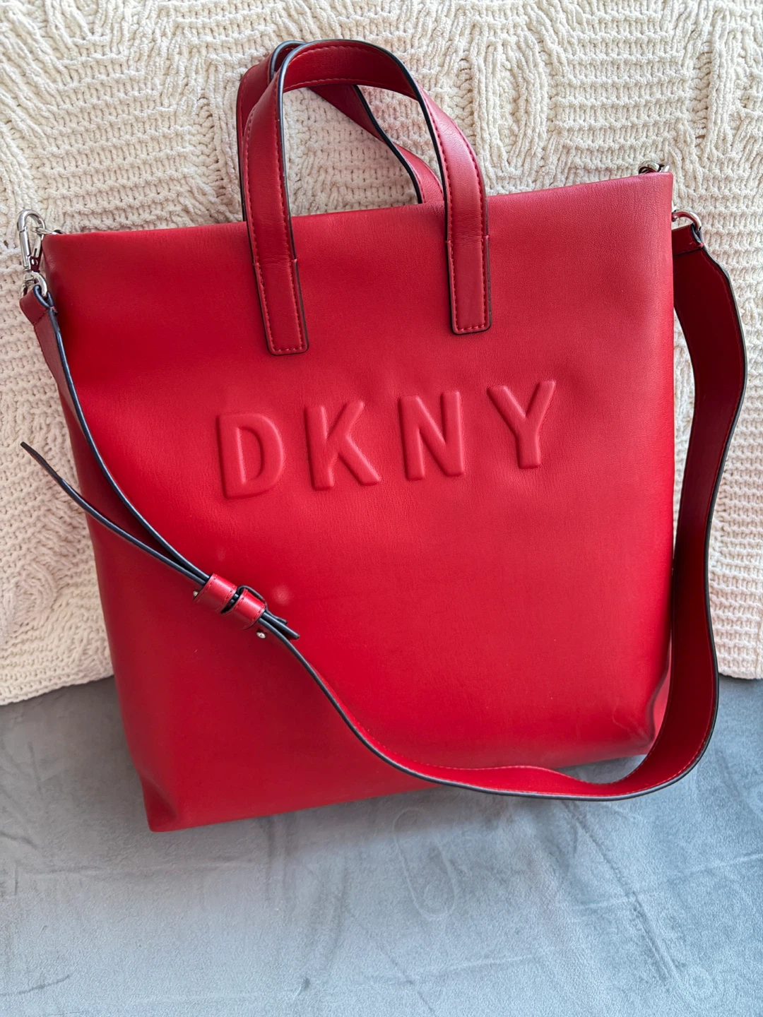 DKNY Red Leather Tote Bag with Embossed Logo