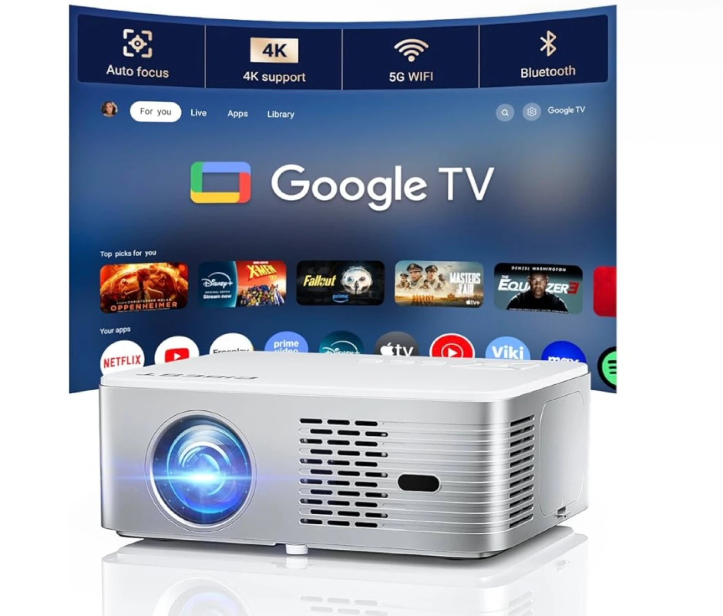 Google TV 4K Projector with Auto Focus, 5G WiFi, and Bluetooth