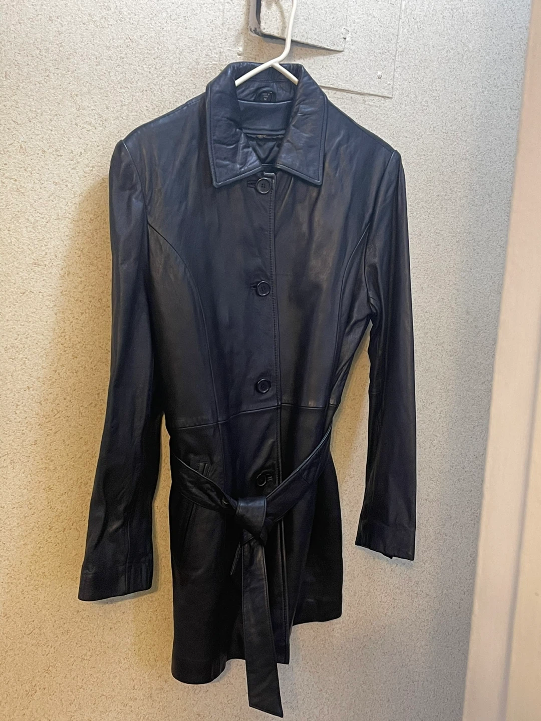Black Leather Belted Trench Coat Size M - photo 2