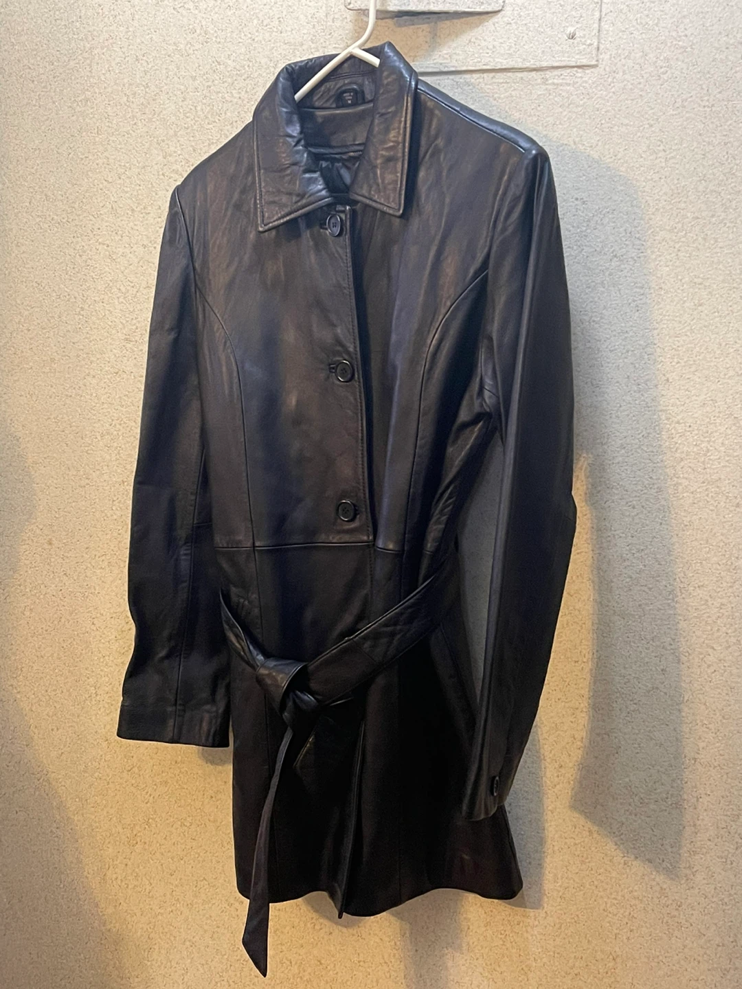 Black Leather Belted Trench Coat Size M