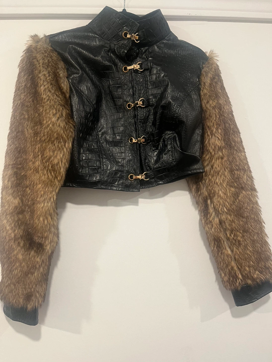 Crocodile Faux Leather Jacket with Faux Fur
