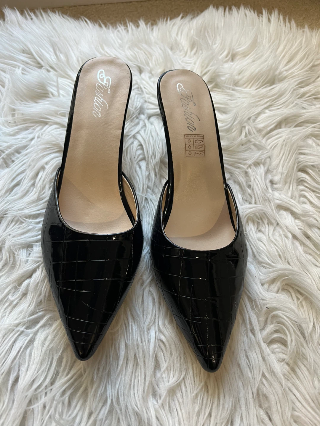 Black Faux Croc Slip-On Heels