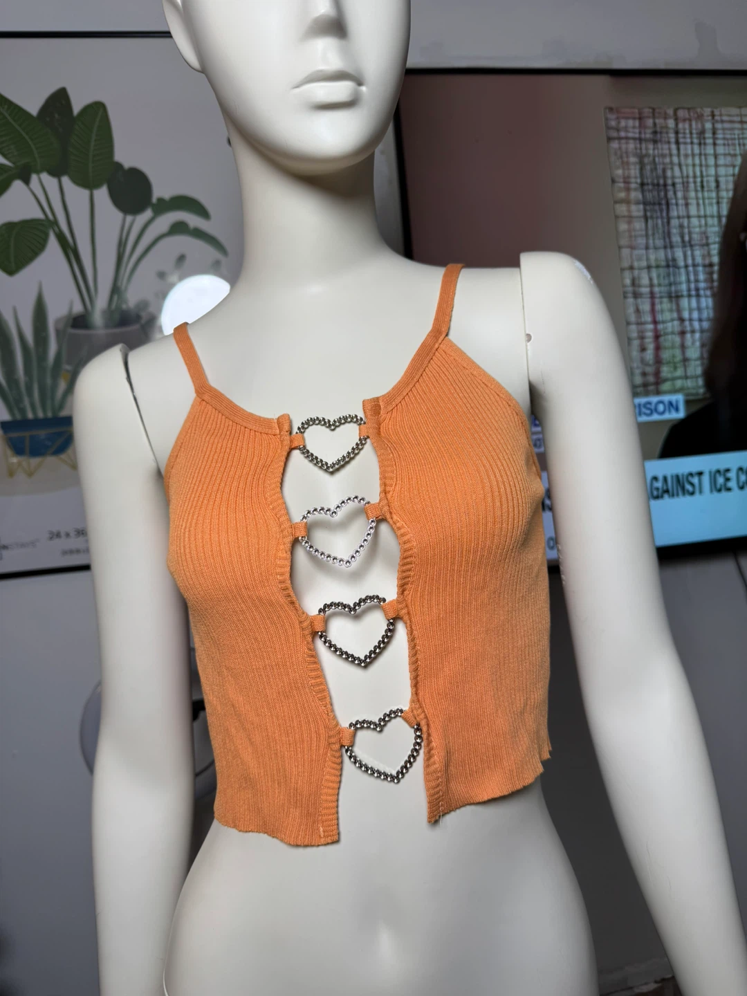 Orange Ribbed Crop Top with Heart Chain Detail