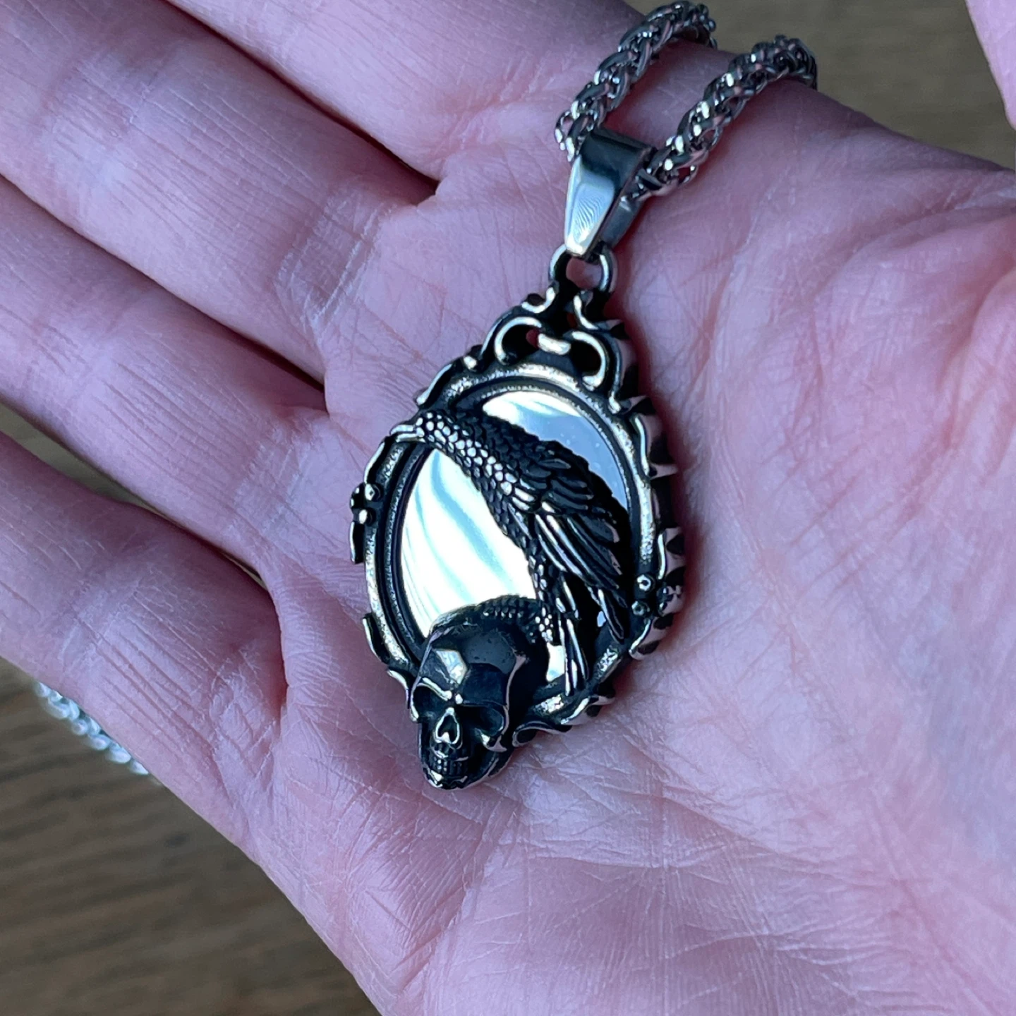 Gothic Scrying Mirror Raven & Skull stainless steel necklace - photo 3