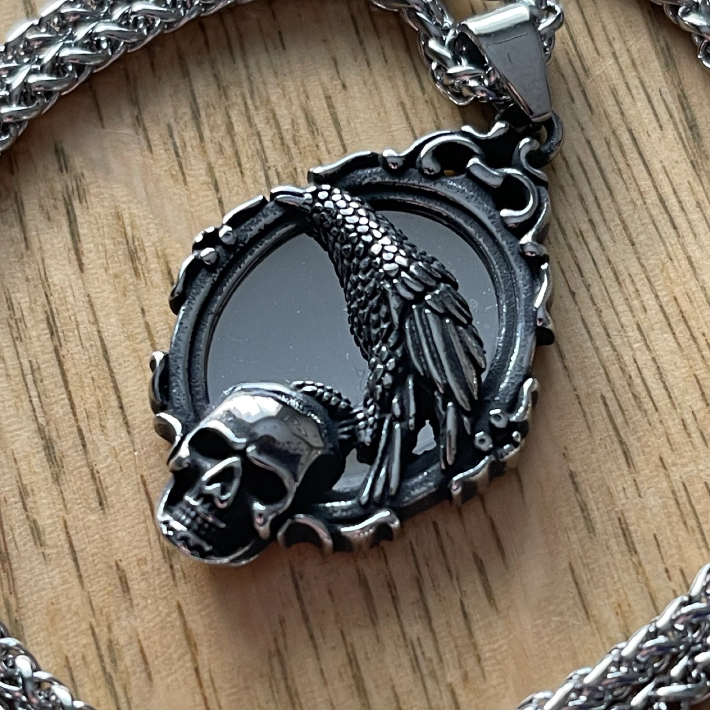Gothic Scrying Mirror Raven & Skull stainless steel necklace