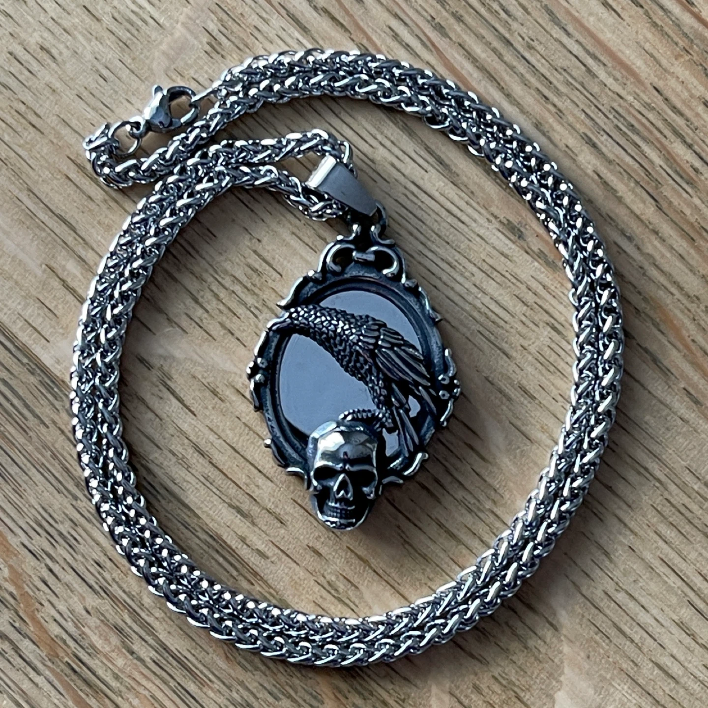 Gothic Scrying Mirror Raven & Skull stainless steel necklace - photo 2