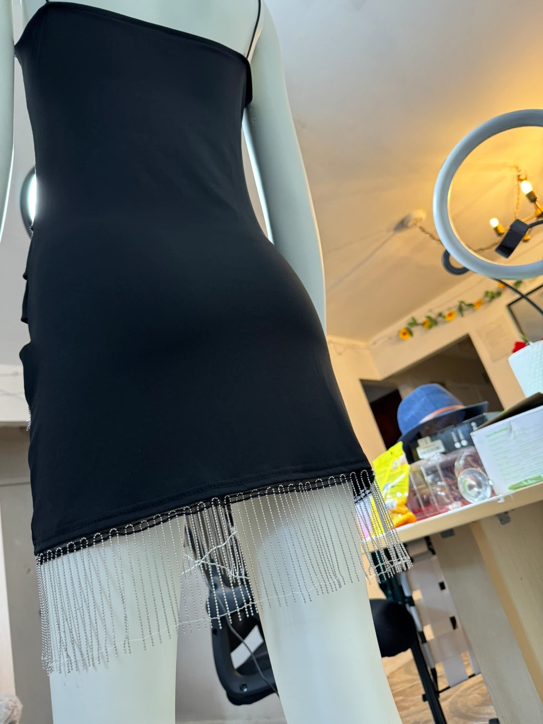 Black Fringe Mini Dress with Spaghetti Straps - photo 4