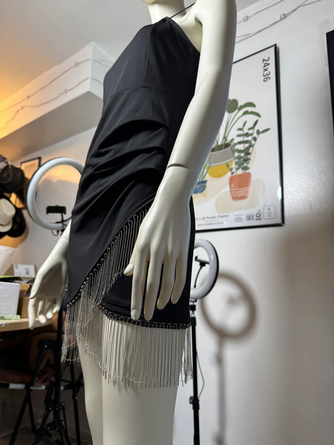 Black Fringe Mini Dress with Spaghetti Straps - photo 3