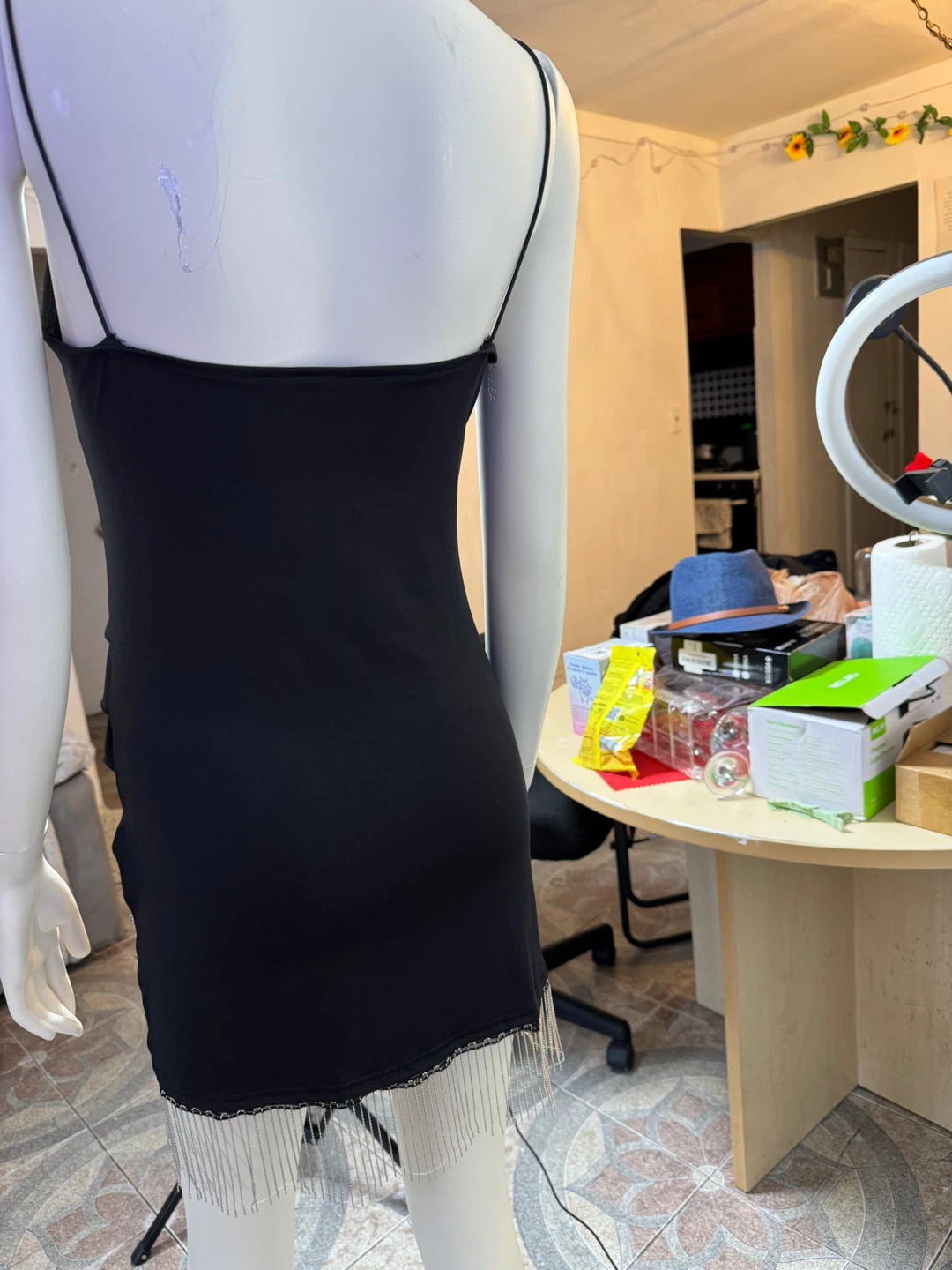 Black Fringe Mini Dress with Spaghetti Straps - photo 2