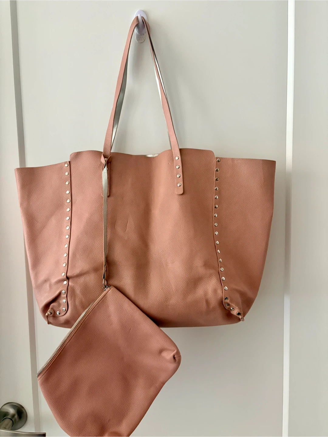 Large Studded Tote Bag with Pouch - Rose Gold / Silver