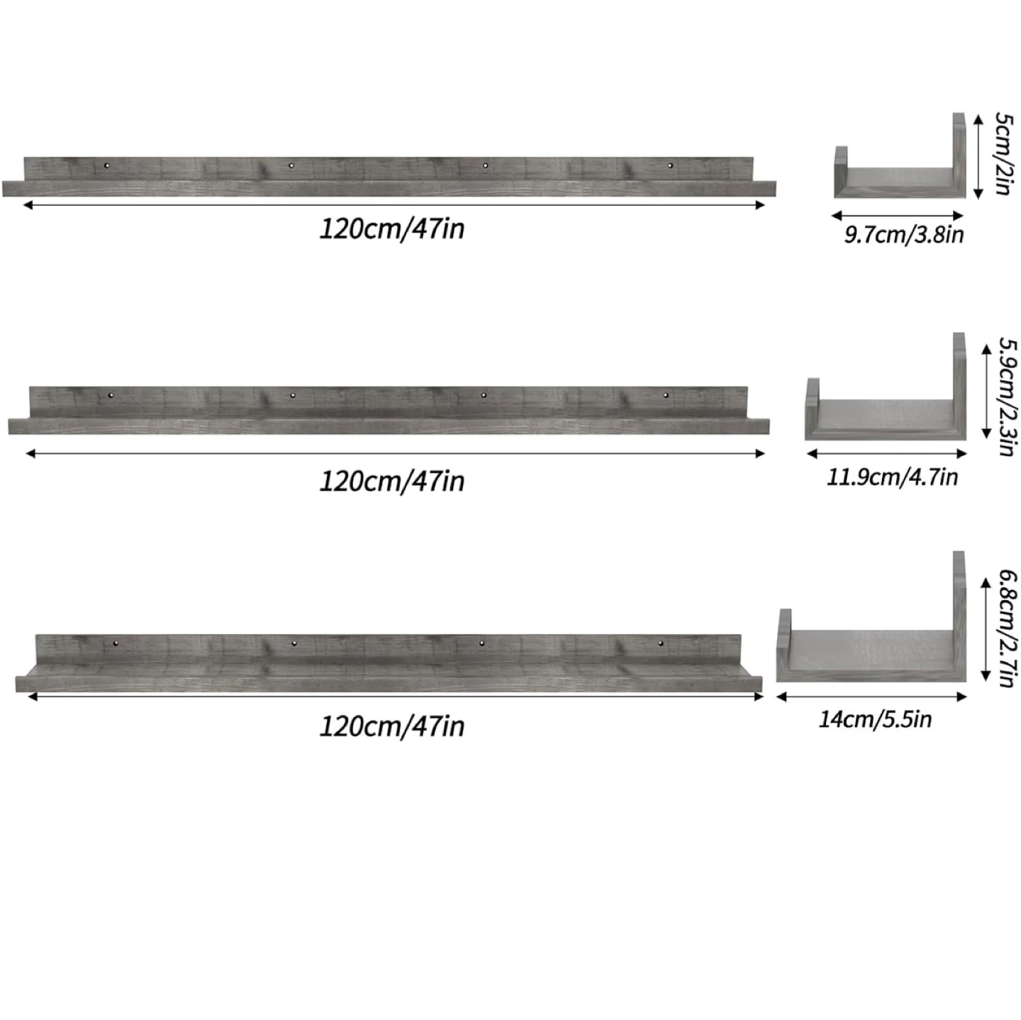 Set of 3 long Grey Wooden Wall floating  Shelves - photo 2