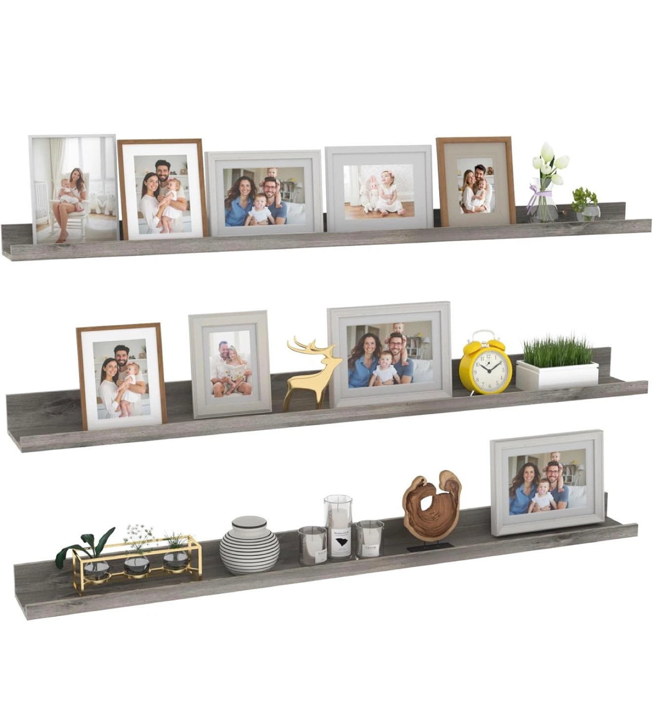 Set of 3 long Grey Wooden Wall floating  Shelves