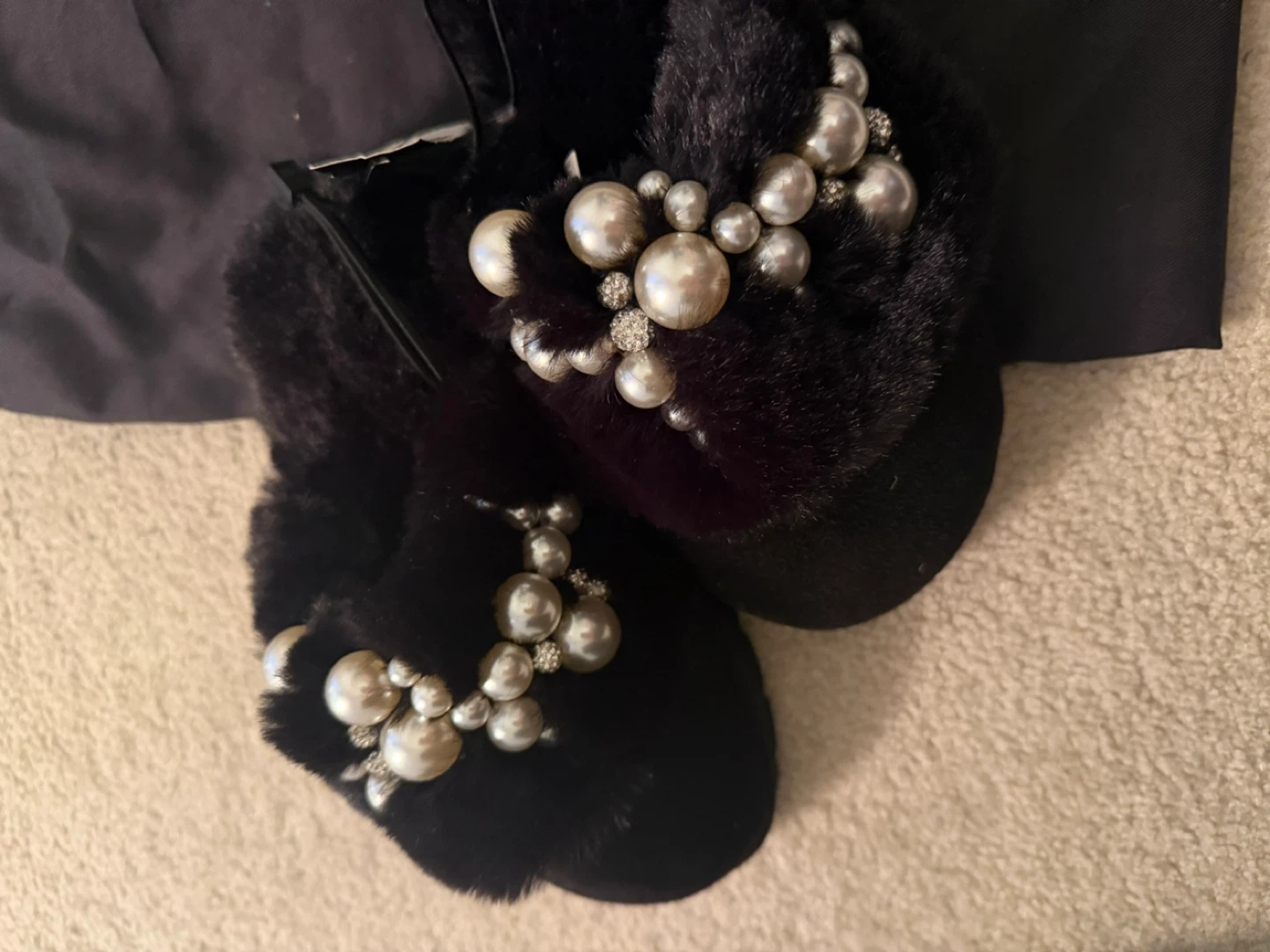 Express Black Faux Fur Slippers with Pearl Embellishment - photo 5