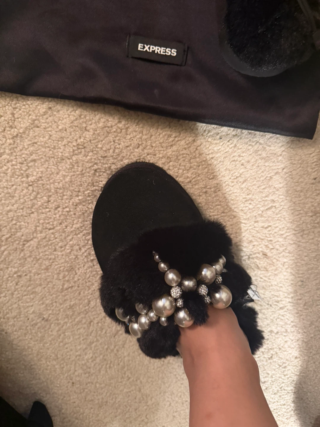 Express Black Faux Fur Slippers with Pearl Embellishment - photo 3