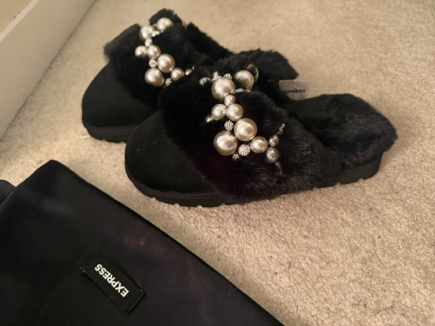 Express Black Faux Fur Slippers with Pearl Embellishment - photo 2