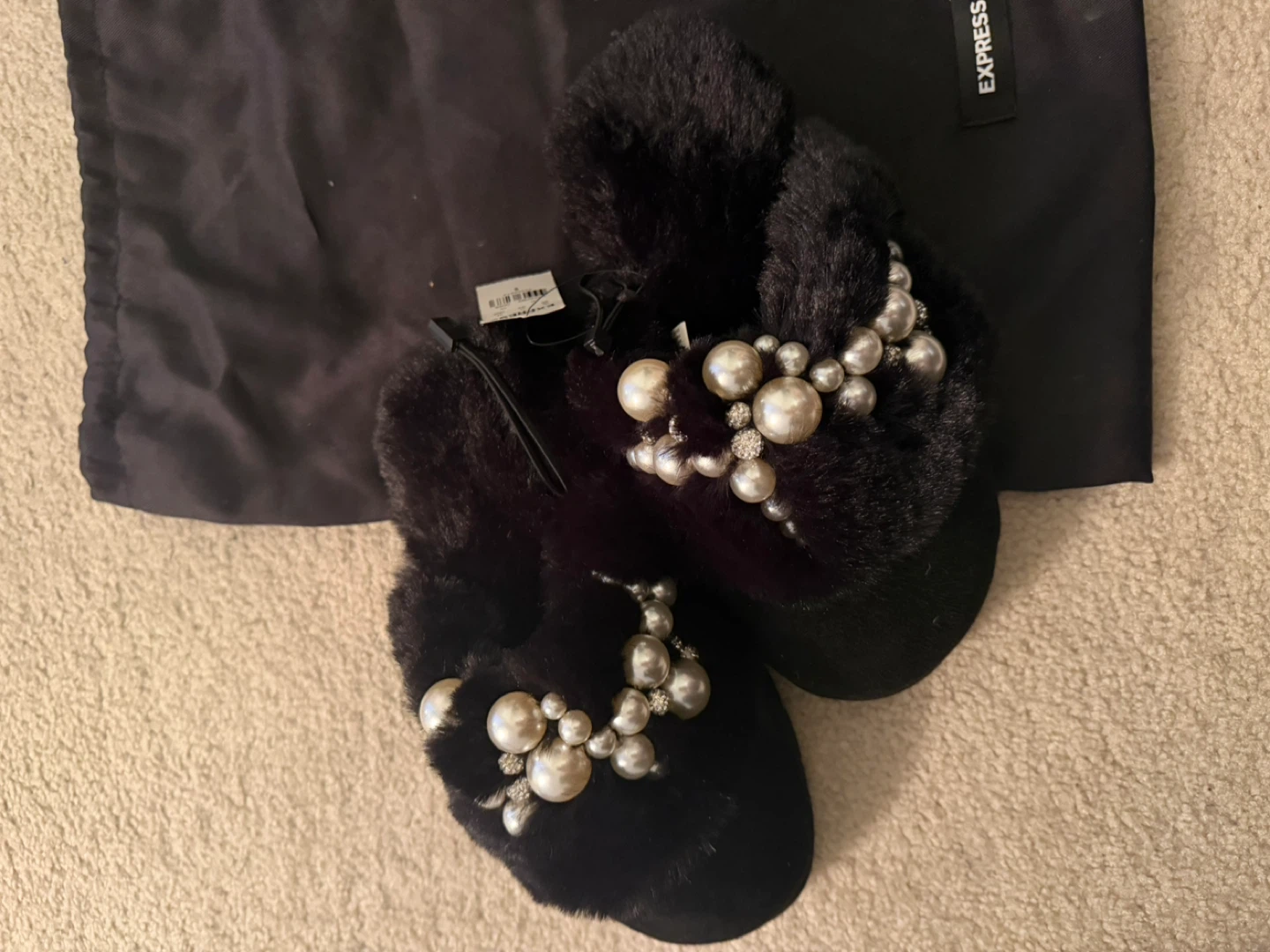 Express Black Faux Fur Slippers with Pearl Embellishment - photo 4