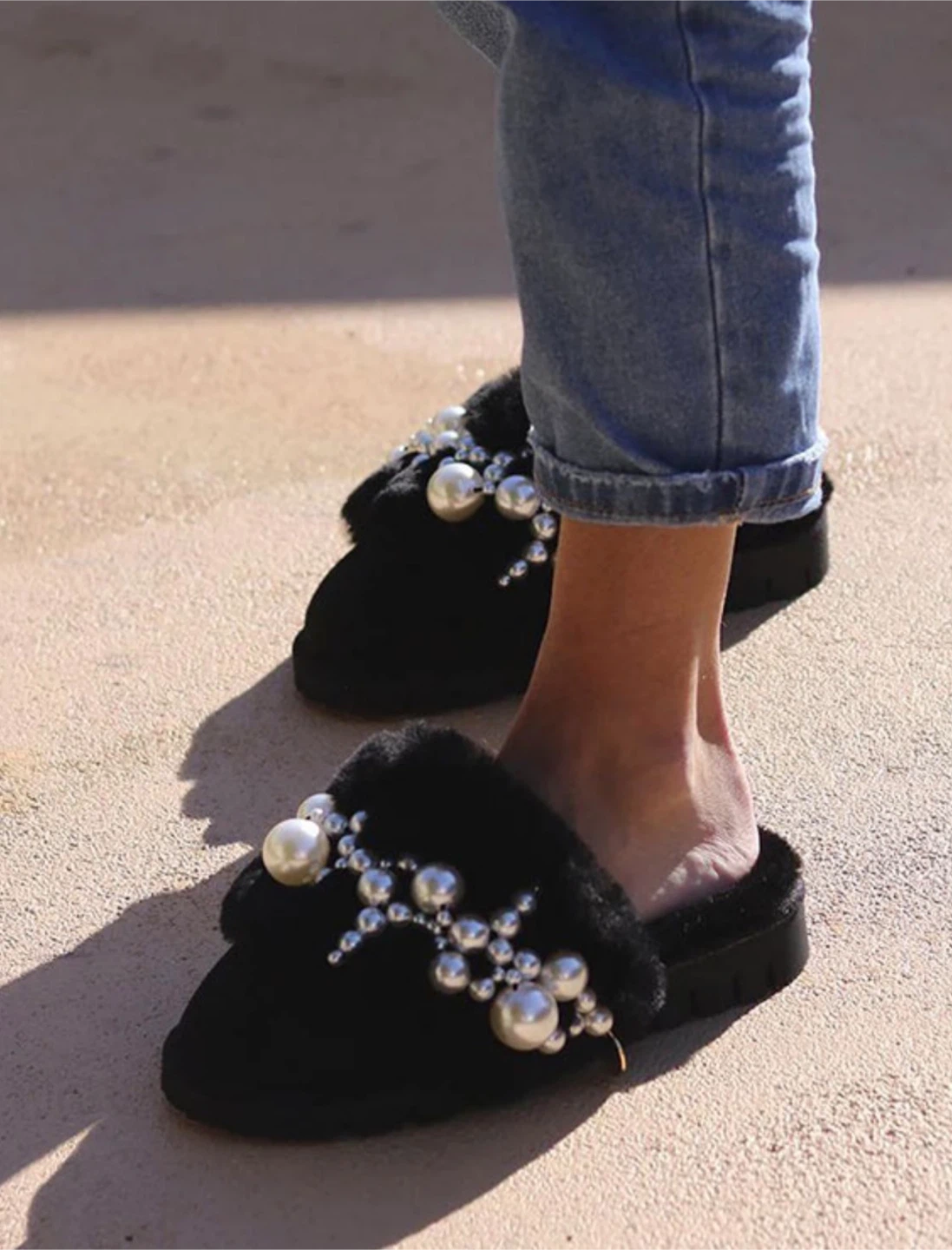 Express Black Faux Fur Slippers with Pearl Embellishment