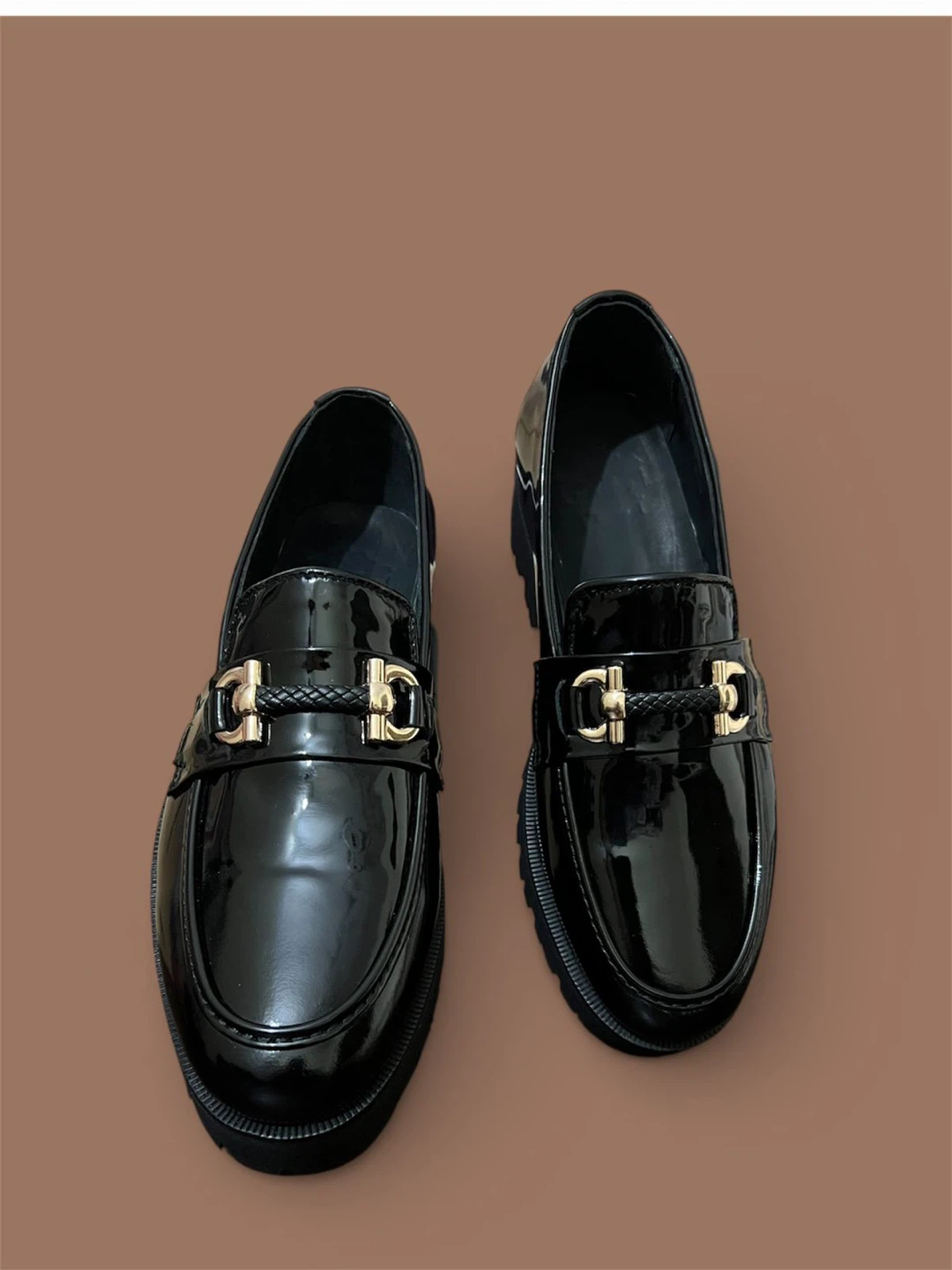Black Patent Loafers with Gold Buckle