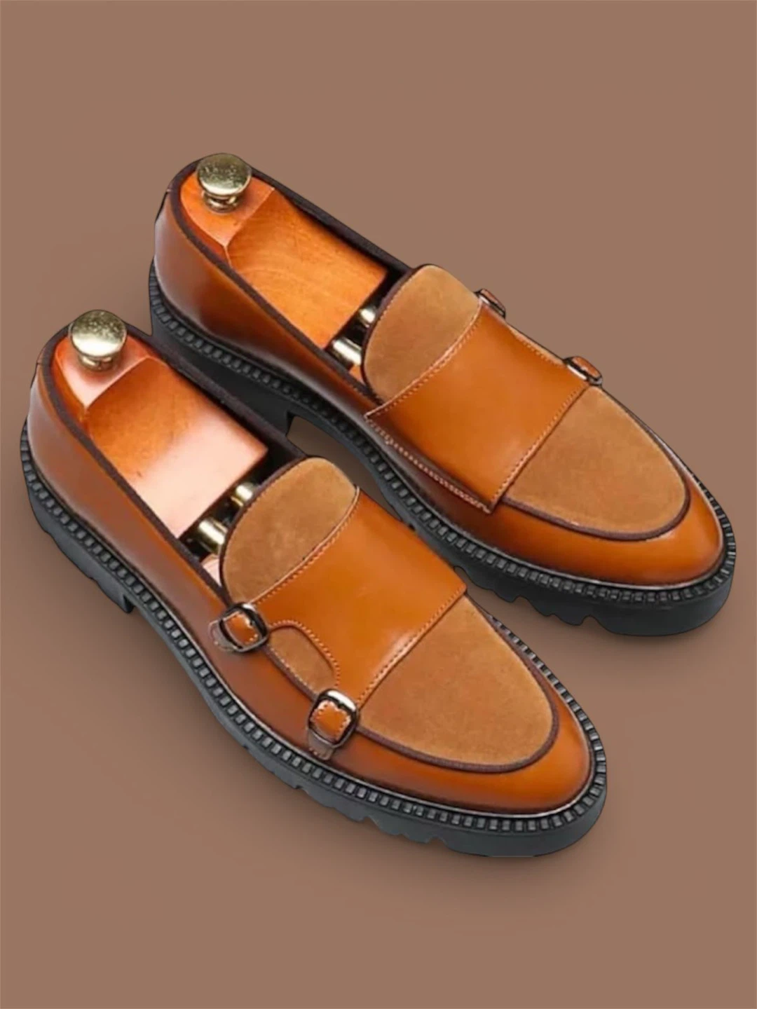 Men's Brown Leather Suede Monk Strap Loafers