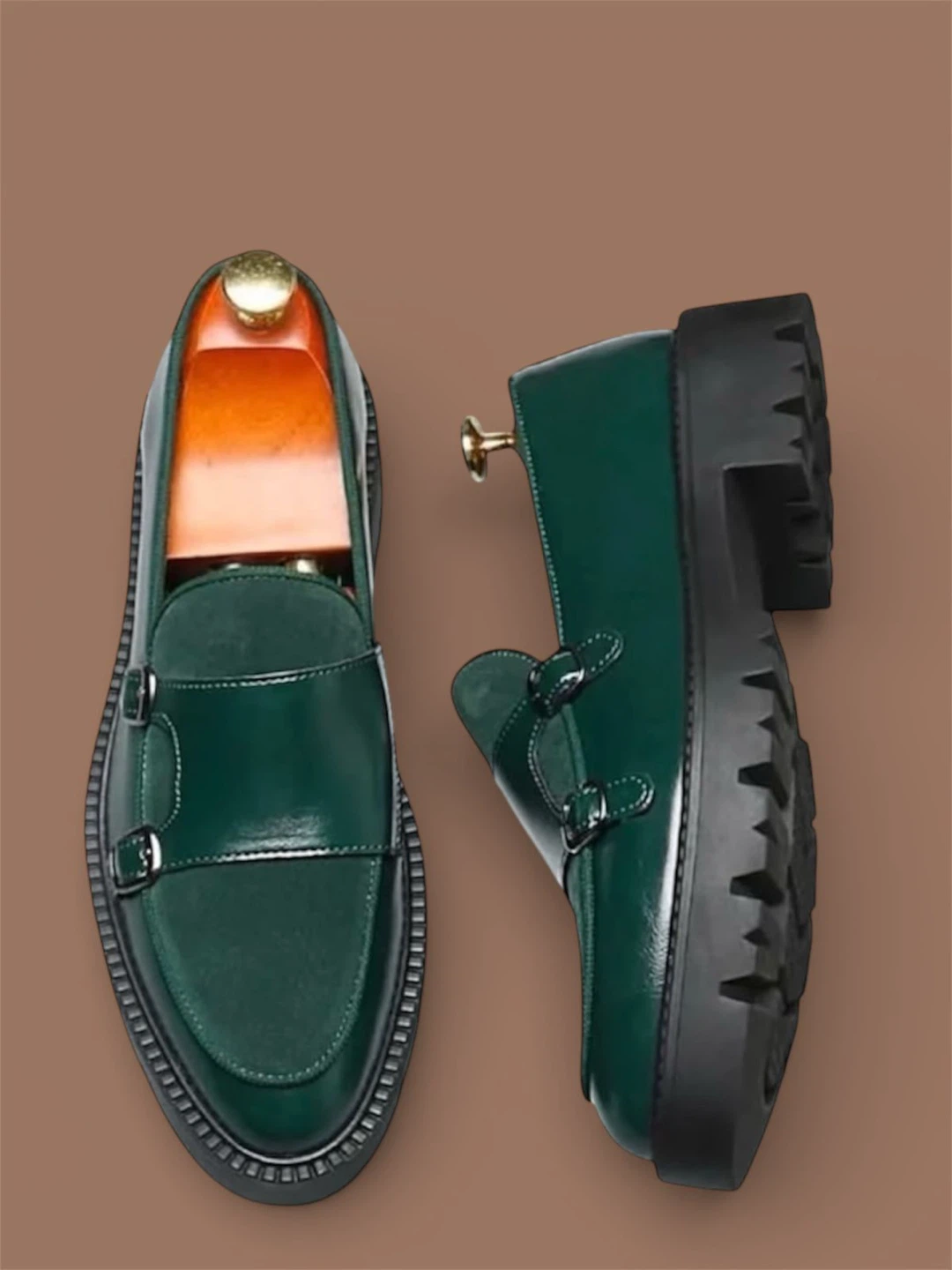 Men's Green Patent Leather Double Monk Strap Loafers