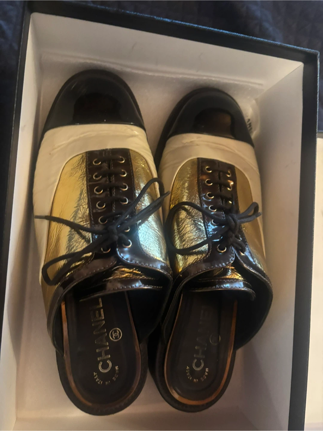 Chanel Gold & Black Mule Shoes